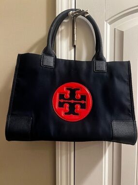 Authentic Small Tory Burch Ella Nylon Tote – Navy Blue/Red Logo